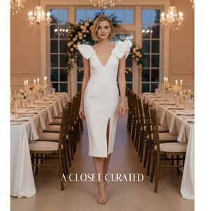 Rebecca Vallance Puff Sleeve V Neck Midi Dress 6 White NWT